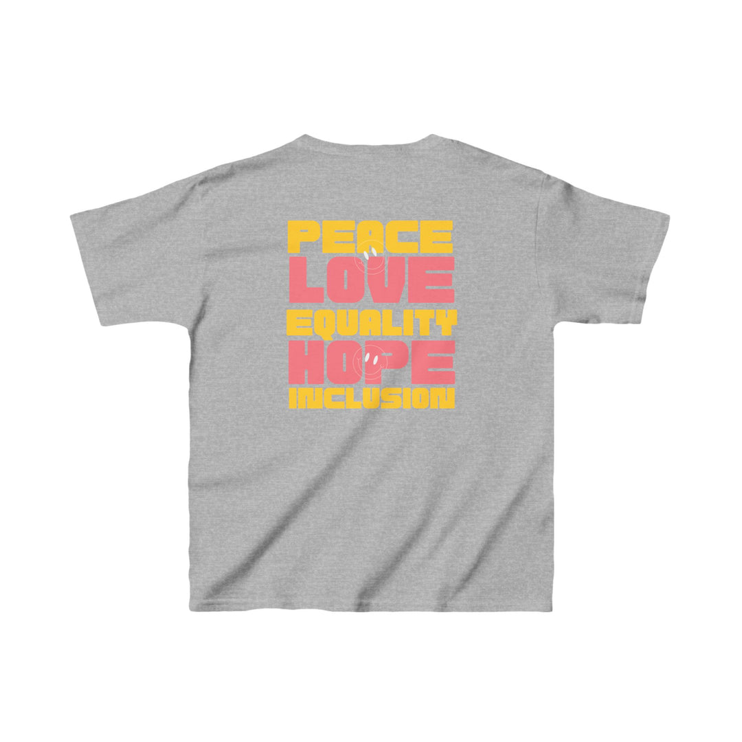 Kids Peace Love Equality Hope Inclusion Smileys Front and Back Tee