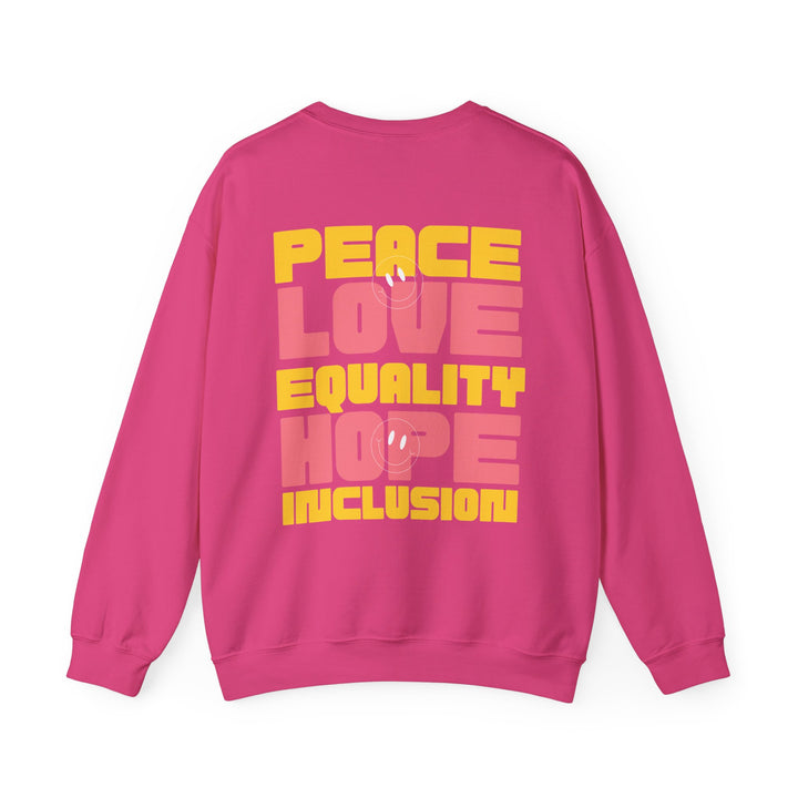 Adult Peace Love Equality Hope Inclusioin Smileys Front and Back Sweatshirt