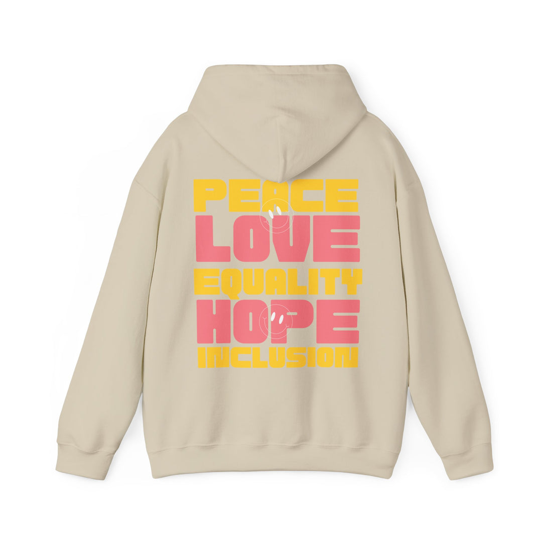 Adult Peace Love Equality Hope Inclusioin Smileys Front and Back Hoodie