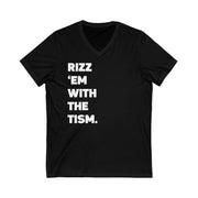 Adult Rizz Em With the Tism White Text V-Neck Tee