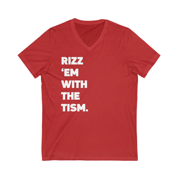 Adult Rizz Em With the Tism White Text V-Neck Tee