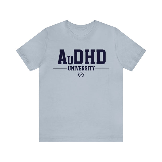 AuDHD University Butterfly Symbol Navy Blue Text Tee