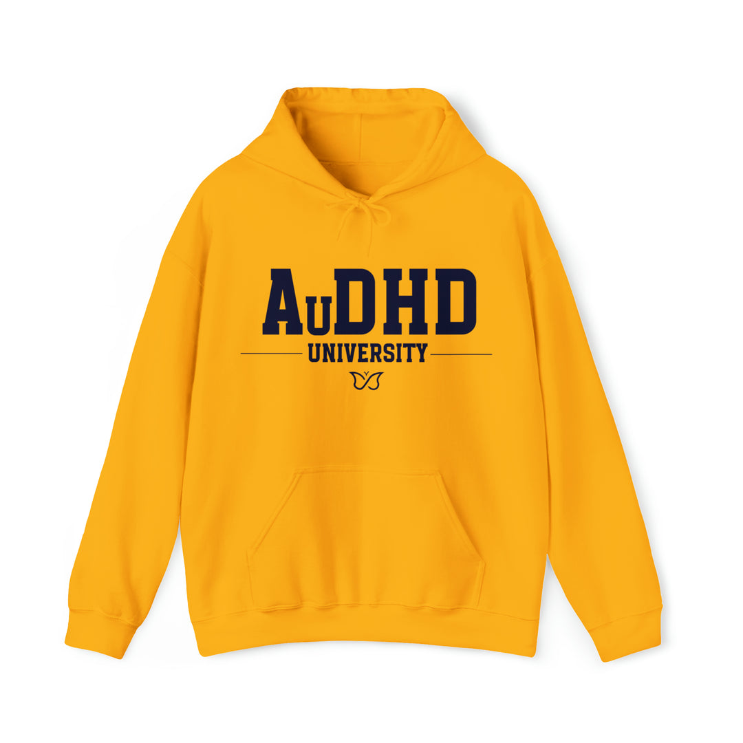 Adult AuDHD University Butterfly Symbol Navy Blue Text Hoodie