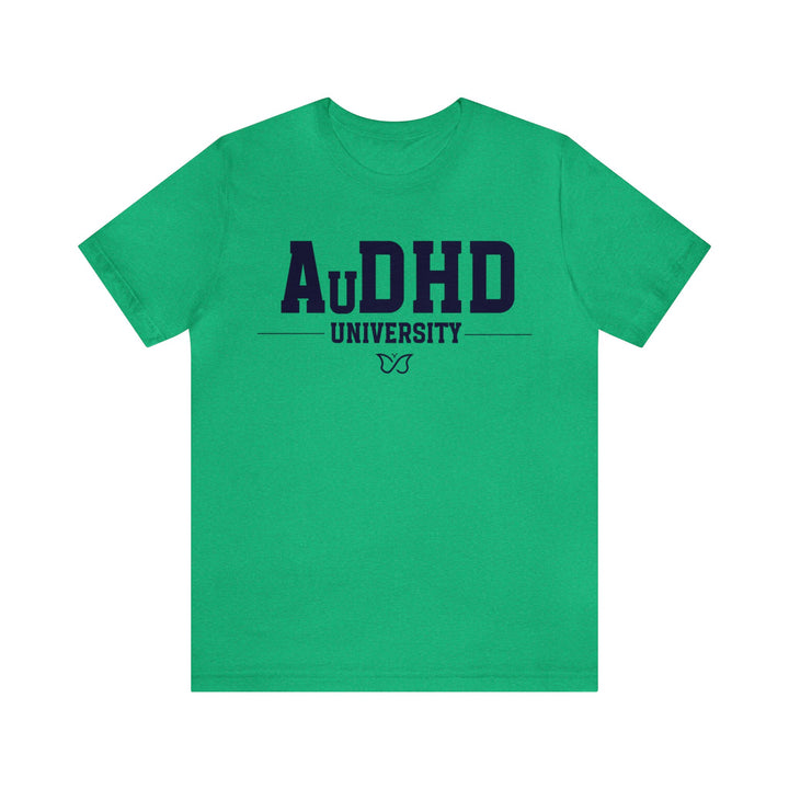 AuDHD University Butterfly Symbol Navy Blue Text Tee