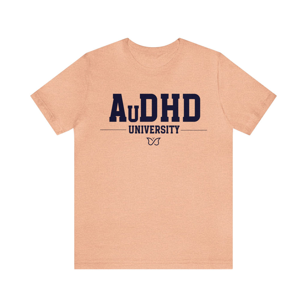 AuDHD University Butterfly Symbol Navy Blue Text Tee