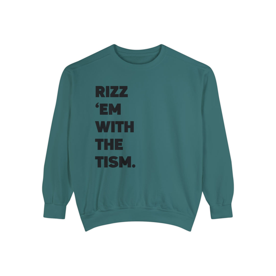 Adult Rizz Em With the Tism Black Text Comfort Colors Sweatshirt