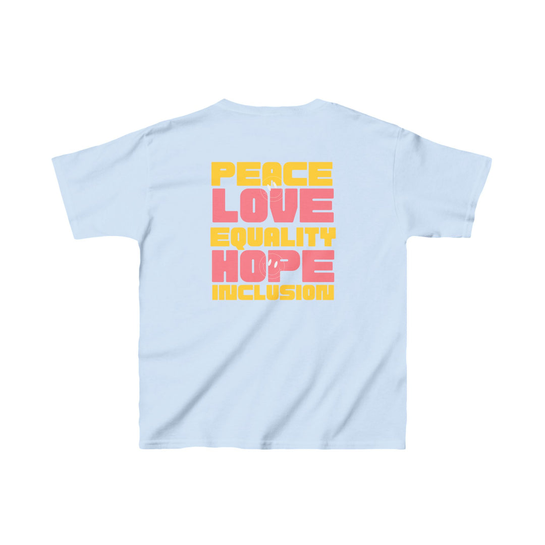 Kids Peace Love Equality Hope Inclusion Smileys Front and Back Tee