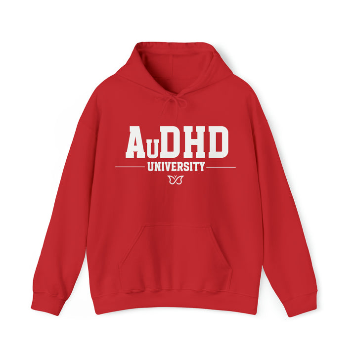 Adult AuDHD University Butterfly Symbol White Text Hoodie