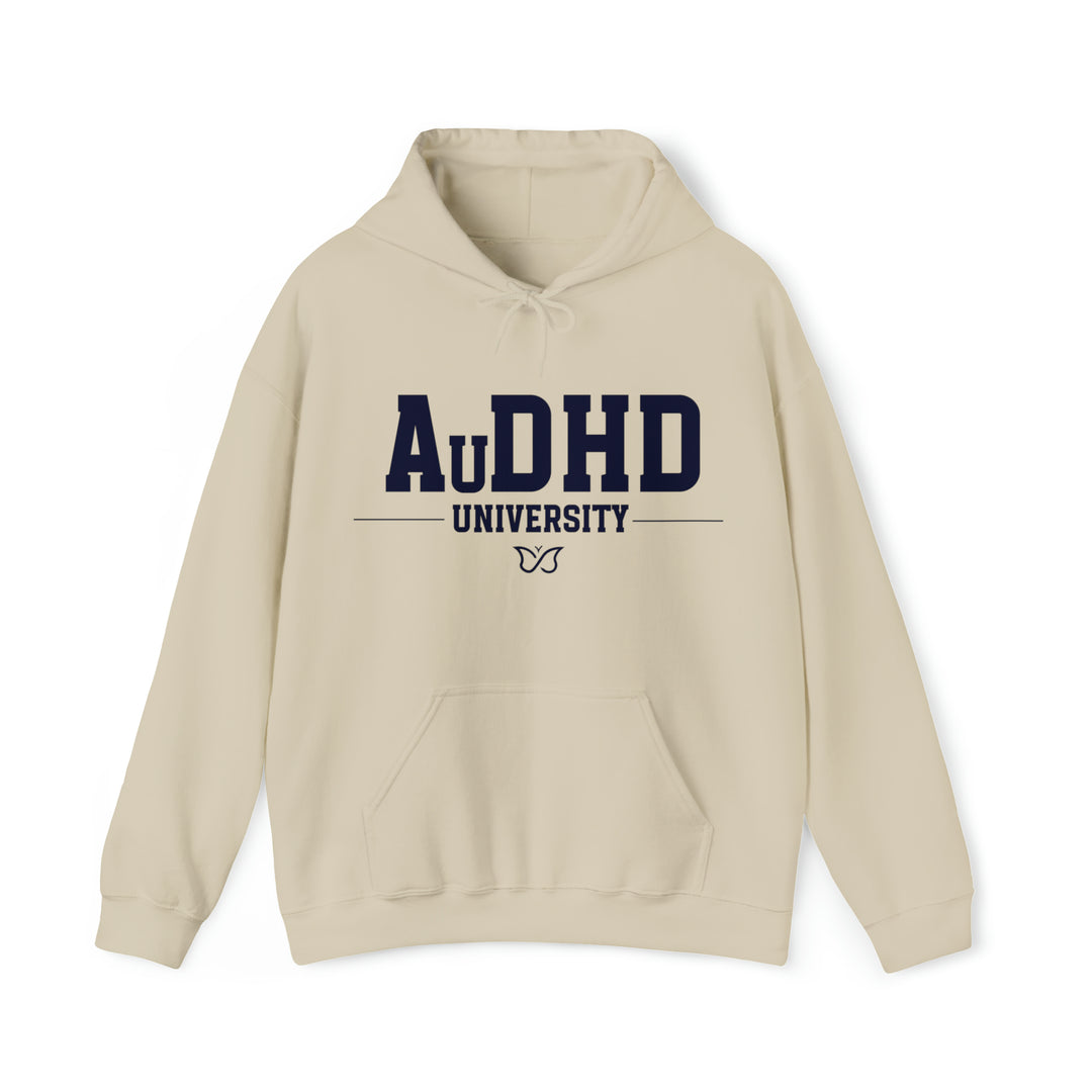 Adult AuDHD University Butterfly Symbol Navy Blue Text Hoodie