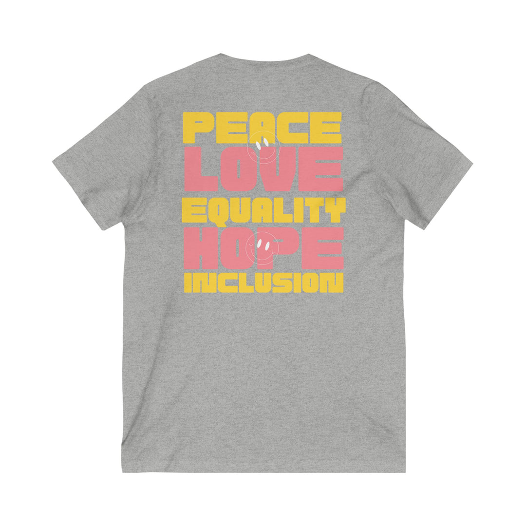 Adult Peace Love Equality Hope Inclusion Smileys Front and Back  V-Neck Tee