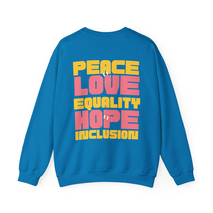 Adult Peace Love Equality Hope Inclusioin Smileys Front and Back Sweatshirt