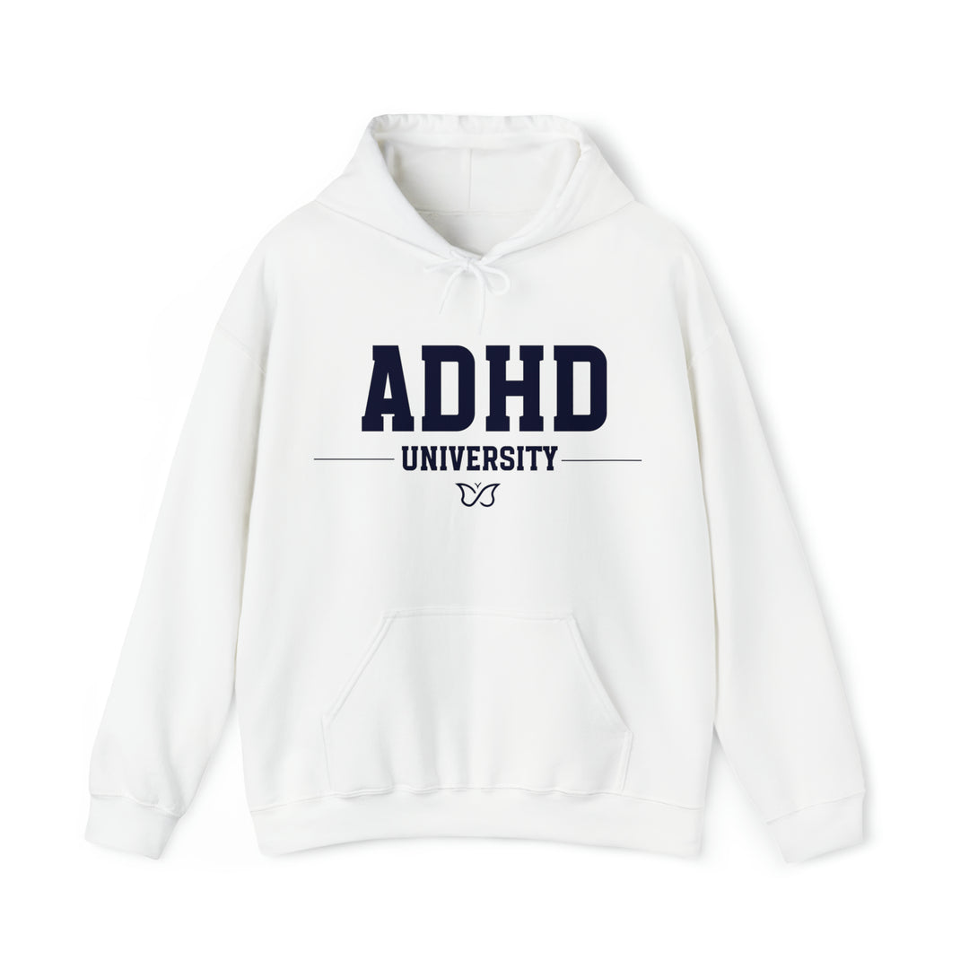 Adult ADHD University Butterfly Symbol Navy Blue Text Hoodie