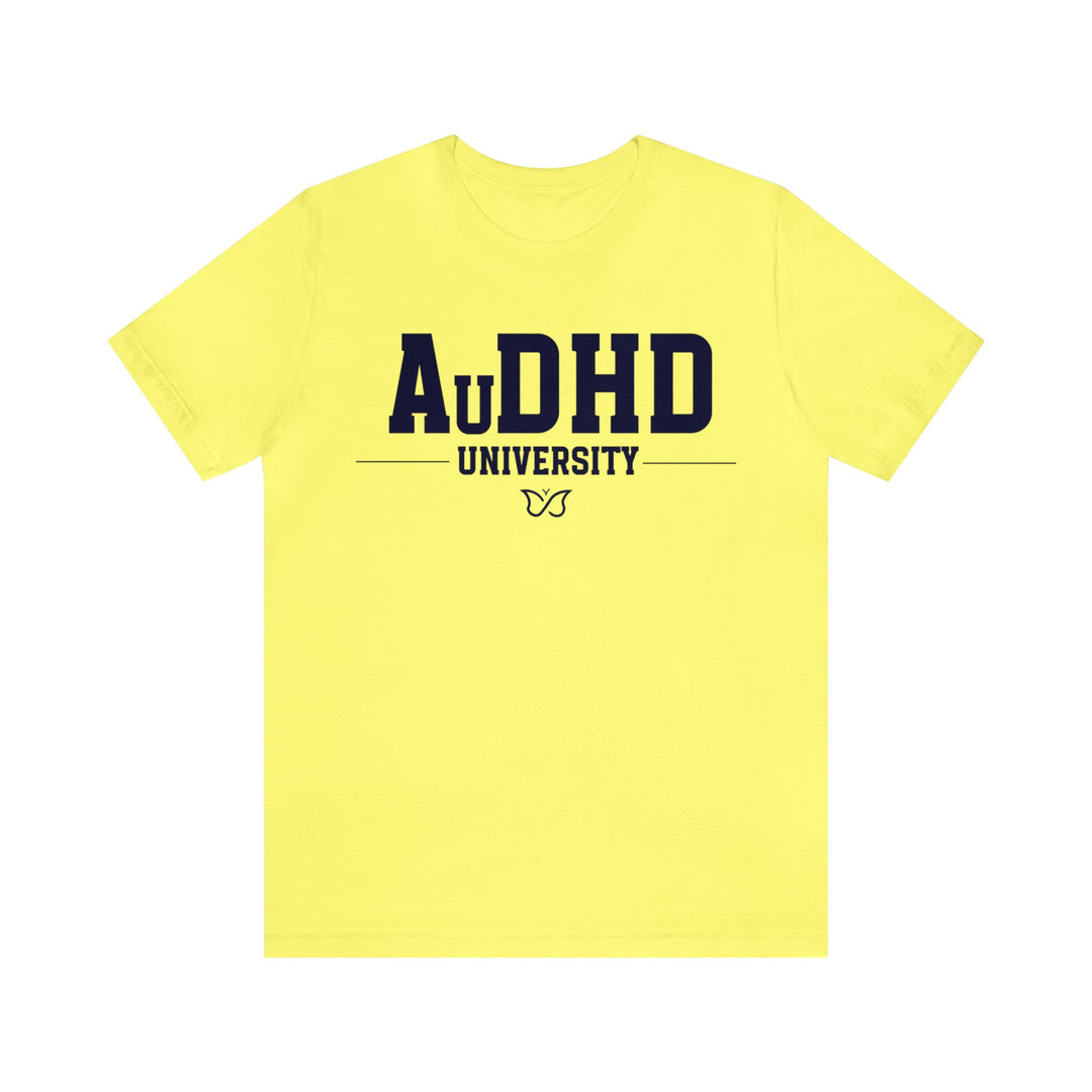 AuDHD University Butterfly Symbol Navy Blue Text Tee