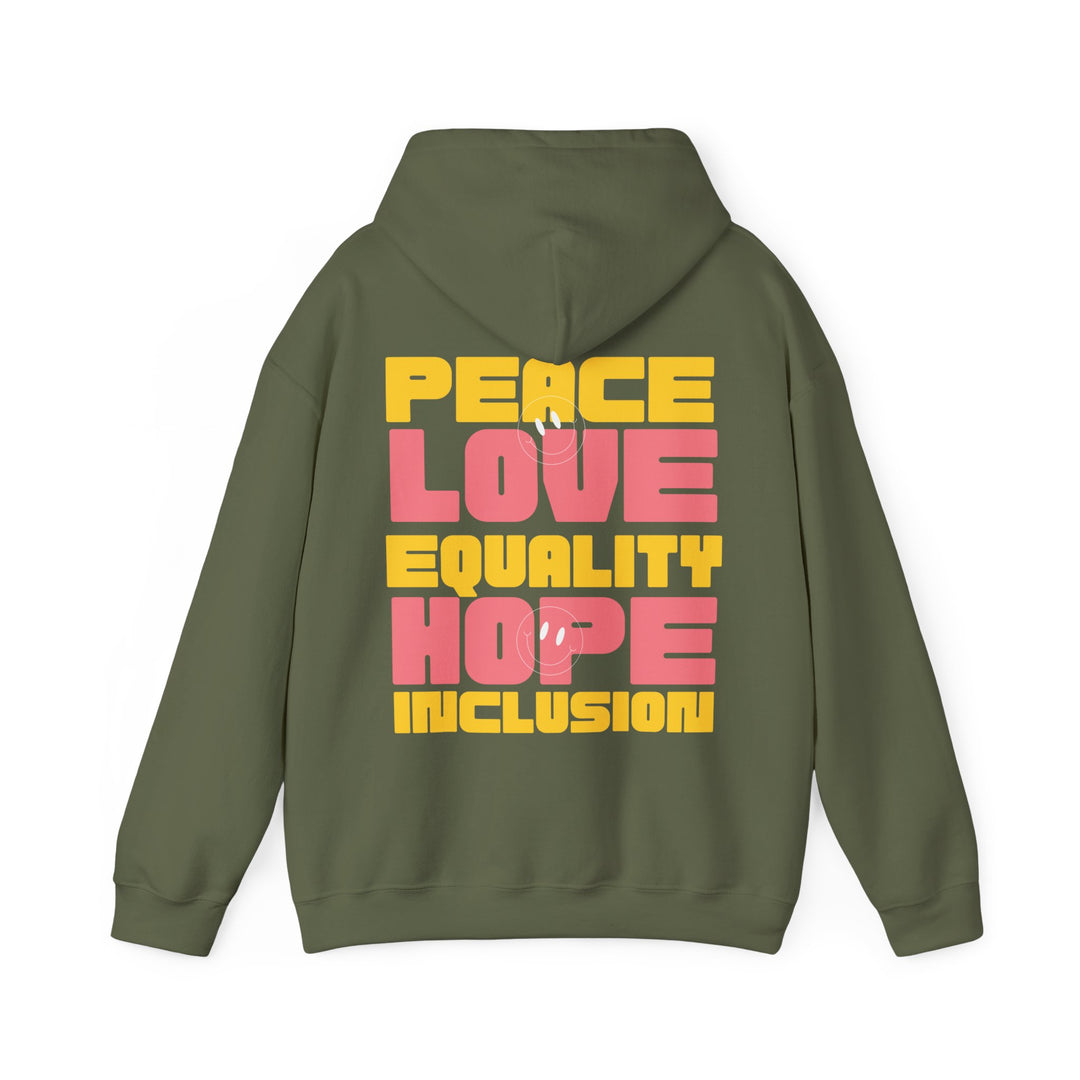 Adult Peace Love Equality Hope Inclusioin Smileys Front and Back Hoodie