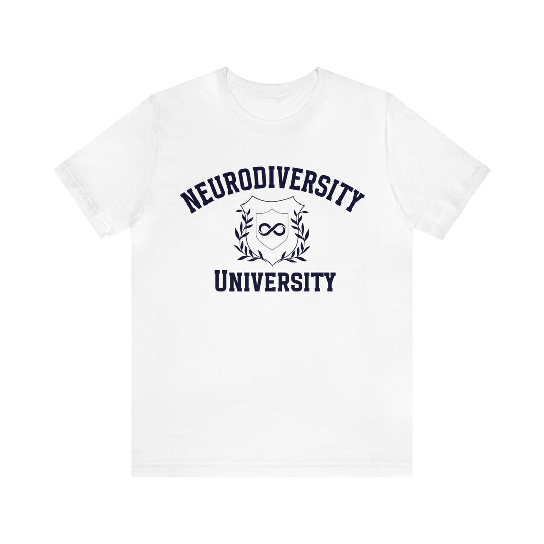 Neurodiversity University Infinity Symbol Navy Blue Text Tee