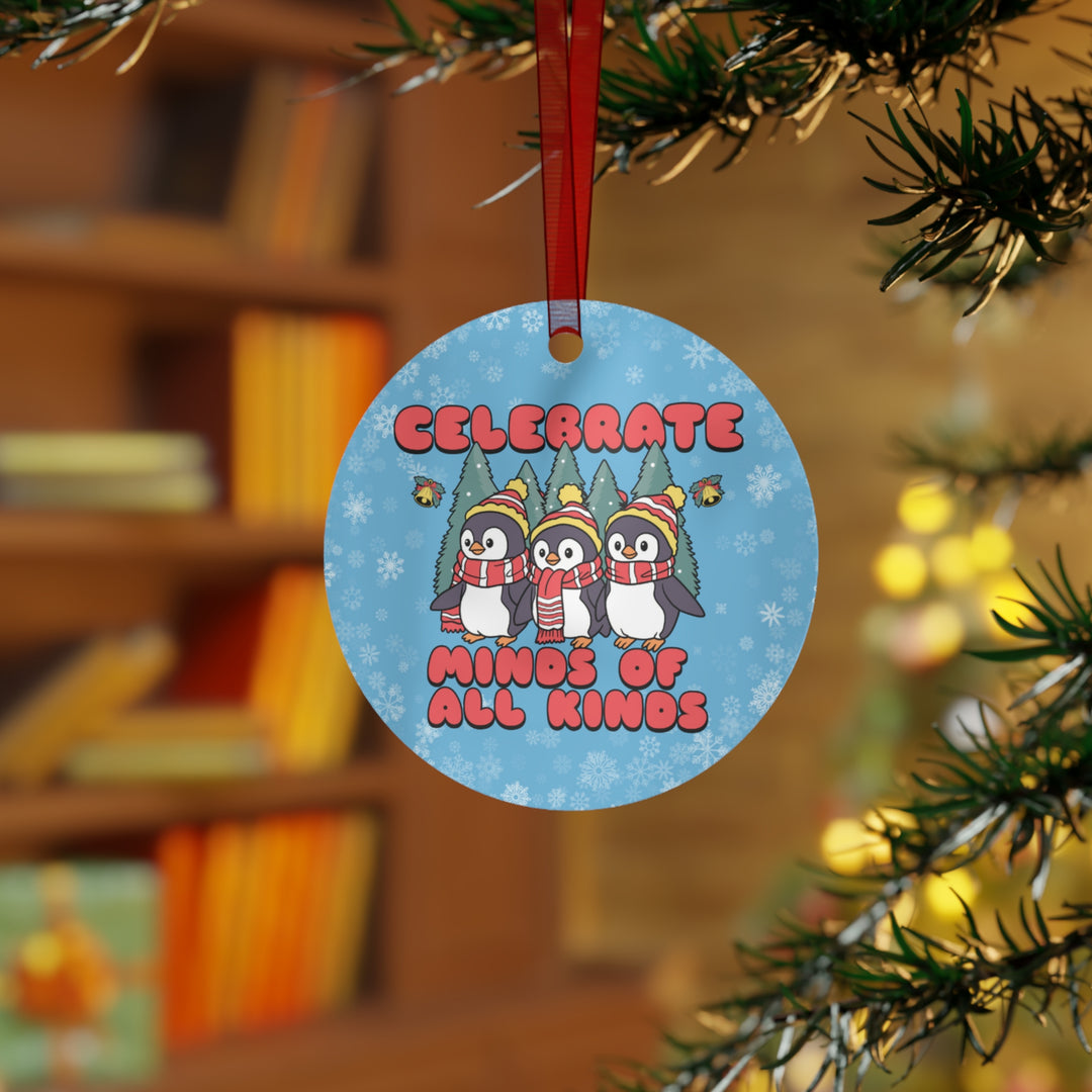 Penguins and Snowflakes Celebrate Minds of All Kinds Metal Ornament