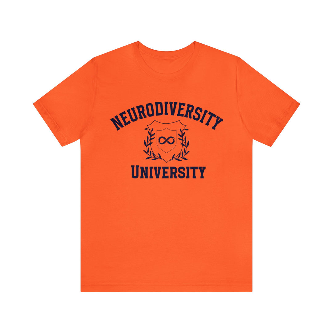 Neurodiversity University Infinity Symbol Navy Blue Text Tee