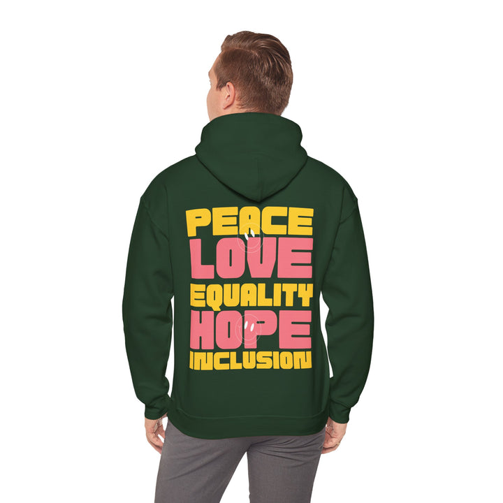 Adult Peace Love Equality Hope Inclusioin Smileys Front and Back Hoodie