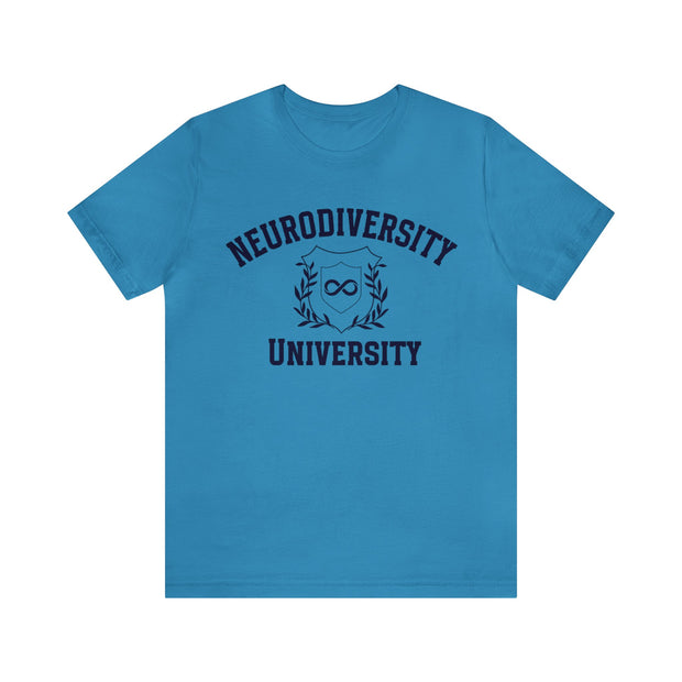 Neurodiversity University Infinity Symbol Navy Blue Text Tee